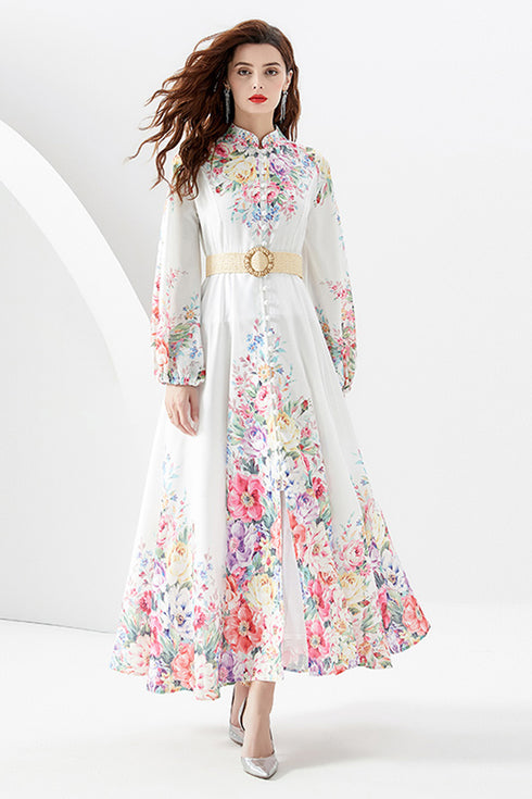 Sweet Young Lady Vintage Floral Print Long Lantern Sleeves, Stand-Up Collar Long Maxi Dress